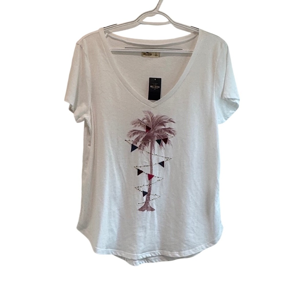 Hollister White Palm Tree Graphic V-Neck T-Shirt NWT Large